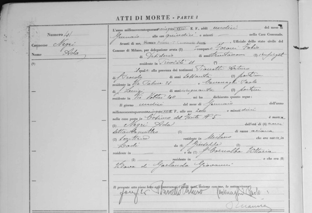 Porzione del registro dei Morti dell'Archivio di Stato di Milano che contiene l'atto di Morte della poetessa Ada Negri.