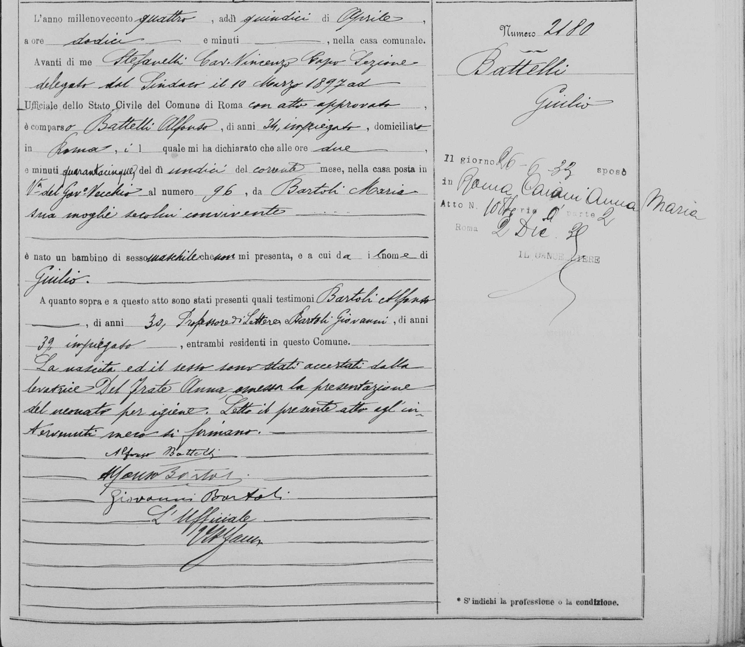 Atto di nascita di Giulio Battelli