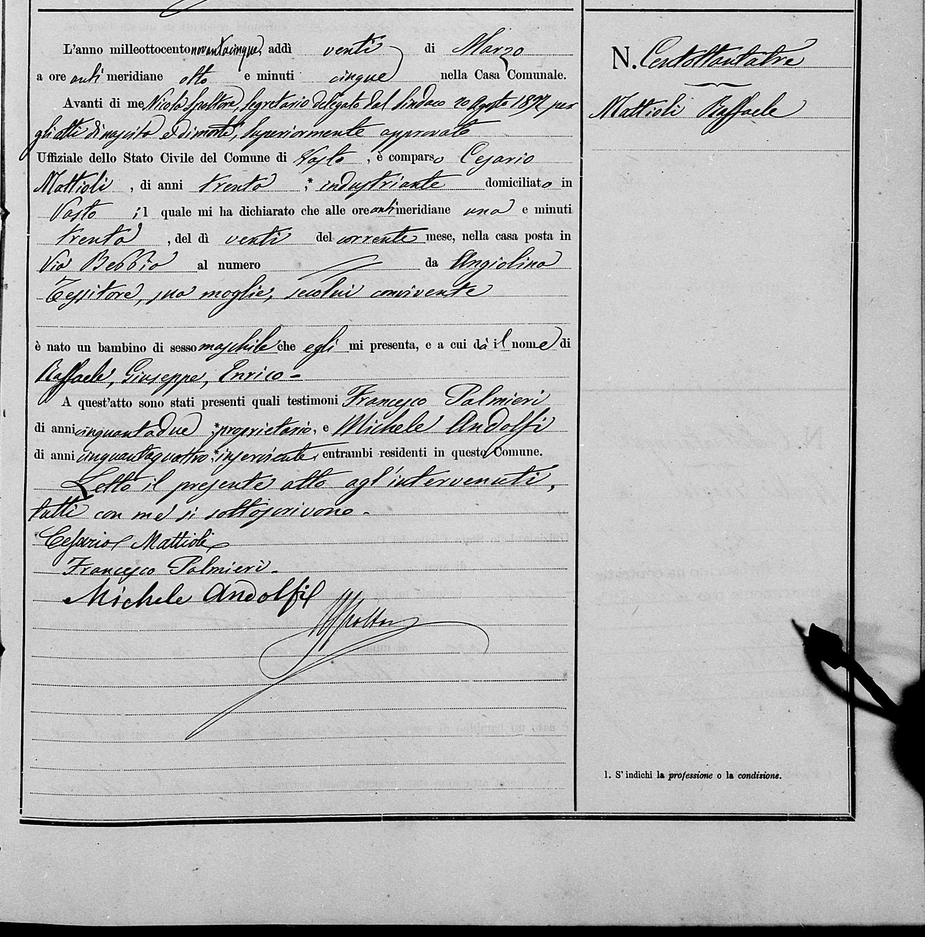 Atto di nascita di Raffaele Mattioli, conservato presso l'Archivio di Stato di Chieti.